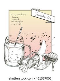 Vector hand drawn illustration of strawberry smoothie recipe. Engraved set of fruits and vegetables for detox and weight loss. With jar and cocktail tube.
