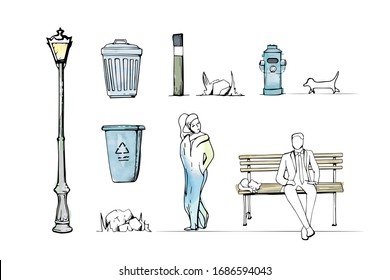 Vector hand drawn illustration. Street sketchy elements separated and isolated on white background. Colored pack of public services, line art detailed for urban design, printing, doodle pattern.