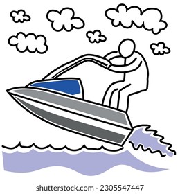 Ilustración dibujada a mano por vectores. Ilustración con contornos fuertes. Parcialmente coloreado. Nubes, figura. Deporte, recreación, mar. Deportes náuticos, velocidad, patinete.
