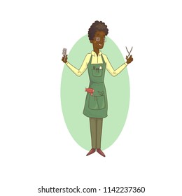 Vector hand drawn illustration of stylish cartoon African American hairdresser with scissors and comb. Male beauty shop. Young professional black barber. Hairstyle man fashion. Hairstylist salon.