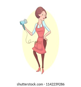 Vector hand drawn illustration of stylish cartoon hairdresser with hair dryer. Female beauty shop. Young professional coiffeuse. Hairstyle woman fashion. Hairstylist salon.