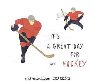 Vector hand drawn illustration. Stylized hockey players on ice background.