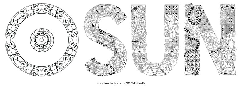 Vector hand drawn illustration of Sun sign with word SUN. Horoscope signs, magic symbols, icons. Astrology concept for occult design.