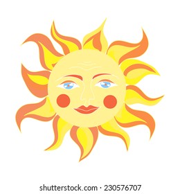 Vector hand drawn illustration of a sun with a human face. Image wheather sign.