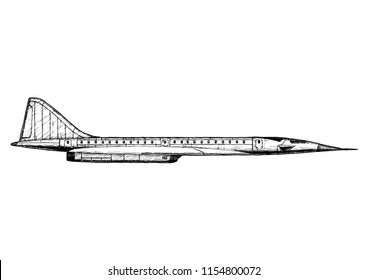 Vector hand drawn illustration of Supersonic transport in vintage engraved style. side view. Isolated on white background. 