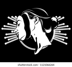 Vector hand drawn illustration of surreal girl. Creative tattoo artwork. Template for card, poster. banner, print for t-shirt, pin, badge, patch.