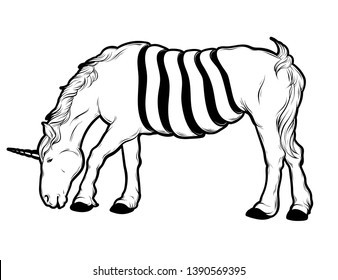 Vector hand drawn illustration of surreal unicorn. Creative tattoo artwork. Template for card, poster. banner, print for t-shirt, pin, badge, patch.