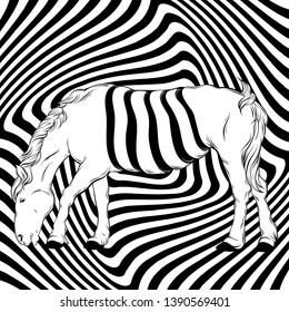 Vector hand drawn illustration of surreal horse with optical illusion. Creative placard. Template for card, poster. banner, print for t-shirt, pin, badge, patch.