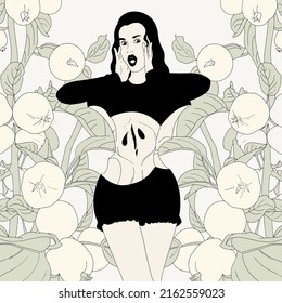 Vector hand drawn illustration of surreal girl with apple core instead waist. Creative artwork. Template for card, poster, banner, print for t-shirt, pin, badge, patch.