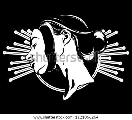 Vector hand drawn illustration of surreal girl. Creative tattoo artwork. Template for card, poster. banner, print for t-shirt, pin, badge, patch.