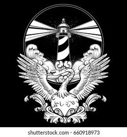 Vector hand drawn illustration of swan with beautiful wings and baroque elements. Landscape with sea waves and lighthouse in circle.  Template for card, poster, banner, print for t-shirt.