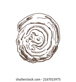 Vector hand drawn illustration of sweet bread, pastry, cinnabon bun, roll. Brown and white pastry  drawing isolated on white background. Sketch icon and bakery element for print, web, mobile.