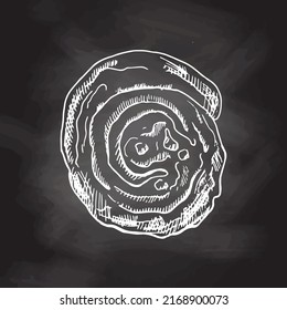 Vector hand drawn illustration of sweet bread, pastry, cinnabon bun, roll. White sketch isolated on black chalkboard. Sketch icon and bakery element for print, web, mobile.
