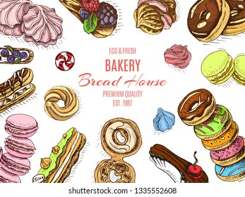 Vector hand drawn illustration sweets. Vintag card menu dessert.