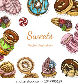 Vector hand drawn illustration sweets. Vintag card menu dessert.