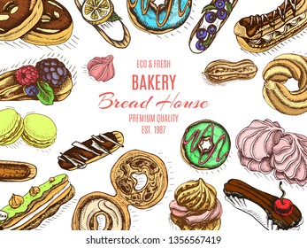Vector hand drawn illustration sweets. Vintag card menu dessert.