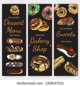 Vector hand drawn illustration sweets. Vintag card menu dessert.