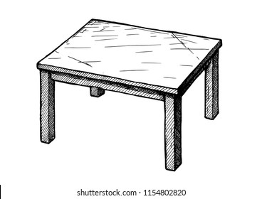 Vector hand drawn illustration of table in vintage engraved style. Isolated on white background.