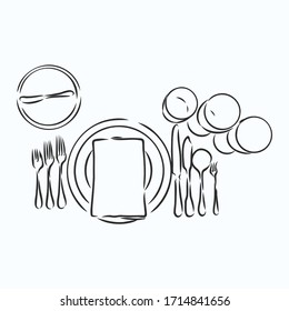 Vector hand drawn illustration with Table setting set. Sketch. Vintage illustration. table set, Cutlery vector sketch illustration