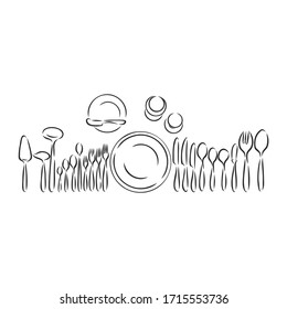 Vector hand drawn illustration with Table setting set. Sketch. Vintage illustration. table set, Cutlery vector sketch illustration