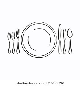 Vector hand drawn illustration with Table setting set. Sketch. Vintage illustration. table set, Cutlery vector sketch illustration