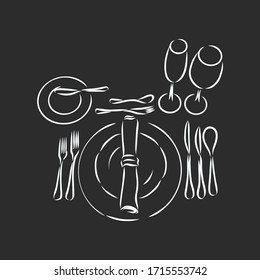 Vector hand drawn illustration with Table setting set. Sketch. Vintage illustration. table set, Cutlery vector sketch illustration