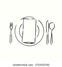 Vector hand drawn illustration with Table setting set. Sketch. Vintage illustration. table set, Cutlery vector sketch illustration