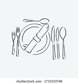 Vector hand drawn illustration with Table setting set. Sketch. Vintage illustration. table set, Cutlery vector sketch illustration