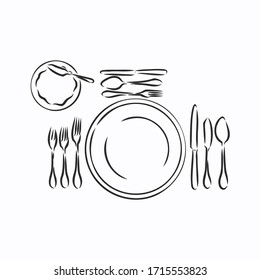 Vector hand drawn illustration with Table setting set. Sketch. Vintage illustration. table set, Cutlery vector sketch illustration