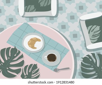 vector hand drawn illustration - a table in a cafe on which there are coffee, croissant and monstera leaves. trending flat illustration for websites, magazines, applications