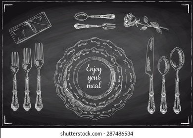 Vector hand drawn illustration with Table setting set. Sketch. Vintage illustration. Chalkboard.