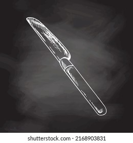 Ilustración dibujada a mano por vectores 
cuchillo de mesa.  Esbozo blanco aislado en una pizarra negra. Icono de esbozo y elemento para imprimir, web, móvil.