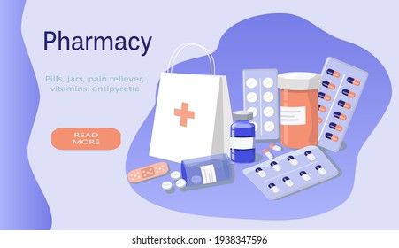 vector hand drawn illustration -  tablets, pills, medicine jars, blisters with tablets. picture on the theme of online pharmacy , flat illustration banner for websites, magazines and apps