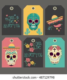 Vector hand drawn illustration tags for Mexican holiday "Day of the dead"