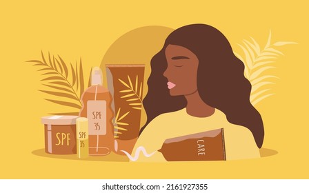 vector hand drawn illustration - tanned girl and tanning and sun protection products.. sun protection creme, spray, lotion, lipstick. trend illustration in flat style