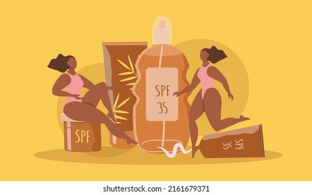 ilustración de vector dibujada a mano - productos de bronceado y protección solar y dos niñas curtidas. crema de protección solar, spray, loción. ilustración de tendencia en estilo plano