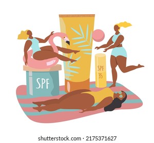 vector hand drawn illustration - tanning and sun protection products and three tanned girls.  trend illustration in flat style