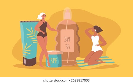 vector hand drawn illustration - tanning and sun protection products and tanned girls