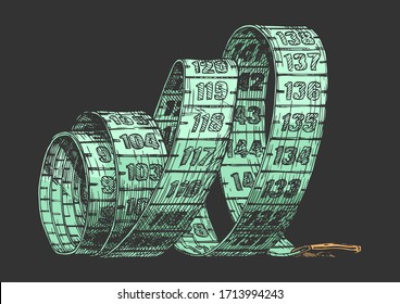 Vector hand drawn illustration of tape measure in vintage engraved style. isolated on black background. 