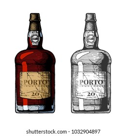 Vector hand drawn illustration of tawny port wine bottles in vintage engraved style. 20 years old. Color and black-and-white versions.