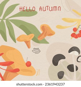 Plantilla de ilustración dibujada a mano por vectores. Hola tarjeta de otoño. Hojas de otoño, champiñones y bayas de rowan.