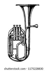 Vector hand drawn illustration of Tenor horn in vintage engraved style. Isolated on white background.