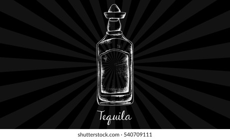 Vector hand drawn illustration of tequila bottle. Chalkboard style