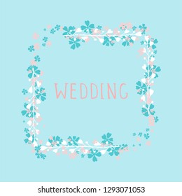 Vector hand drawn illustration of text WEDDING and floral rectangle frame on blue background. 