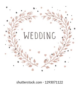 Vector hand drawn illustration of text WEDDING and floral frame in the shape of a heart on white background. 