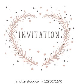 Vector hand drawn illustration of text INVITATION and floral frame in the shape of a heart on white background. 