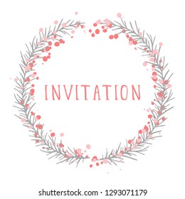 Vector hand drawn illustration of text INVITATION and floral round frame on white background. Colorful.