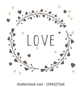 Vector hand drawn illustration of text LOVE 
and floral round frame on white background. 