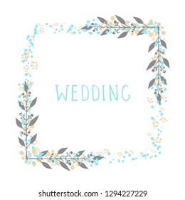 Vector hand drawn illustration of text WEDDING and floral rectangle frame on white background. 