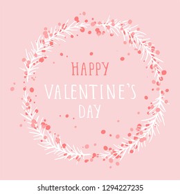 Vector hand drawn illustration of text HAPPY VALENTINE'S DAY and floral round frame on pink background. Colorful.